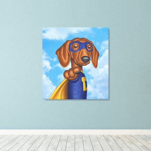 Schattigee Dachshund Superhero Canvas Afdruk (Insitu (Houten vloer))