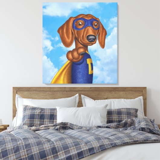 Schattigee Dachshund Superhero Canvas Afdruk (Insitu (Slaapkamer))