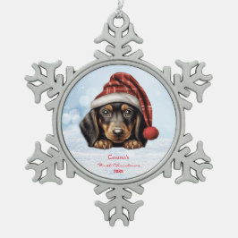 Schattigee Dachshunds Puppy Dog Santa Hat 1e Kerst Tin Sneeuwvlok Ornament