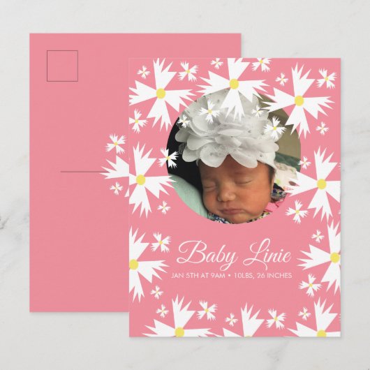 Schattigee Daisy Bloemen Border Foto Baby Aankondigingskaart (Voorkant / Achterkant)