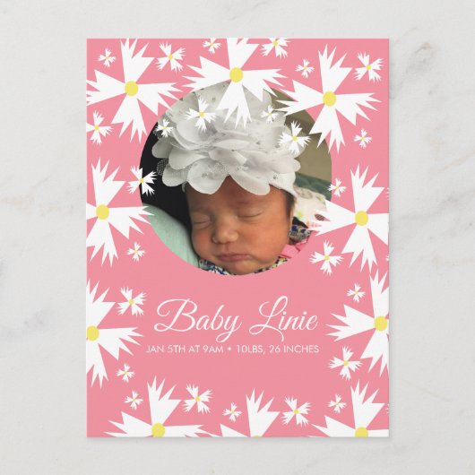 Schattigee Daisy Bloemen Border Foto Baby Aankondigingskaart (Voorkant)