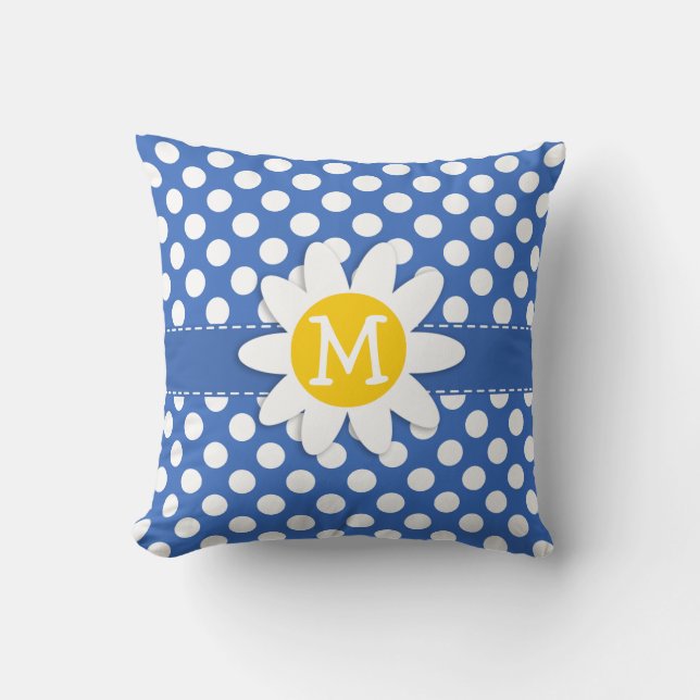 Schattigee Daisy op Cerulean Blue Polka Dots Kussen (Voorkant)