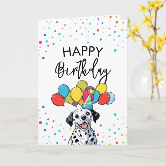 Schattigee Dalmatie met ballonnen en Confetti Verj Kaart (Gele Bloem)