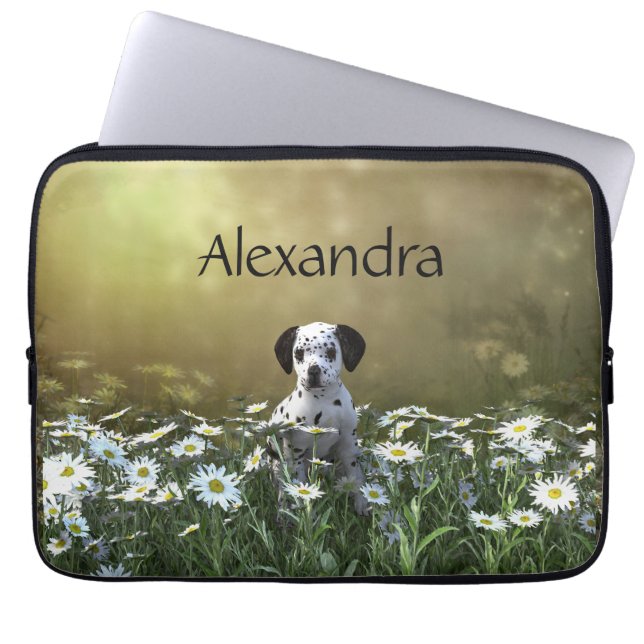 Schattigee Dalmatische puppy in madeliefjes Laptop Sleeve (Voorkant)