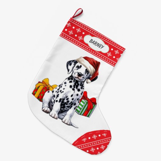 Schattigee Dalmatische Puppy Santa Hat Sneeuwvlok Grote Kerstsok (Voorkant (Hangend))