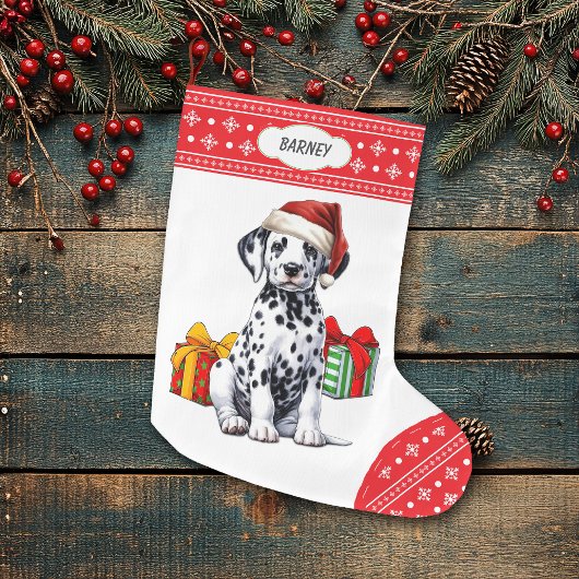 Schattigee Dalmatische Puppy Santa Hat Sneeuwvlok Grote Kerstsok