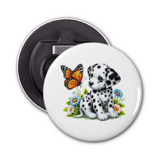 Schattigee Dalmatische/Vlinder vrienden Button Flesopener (Voorkant)