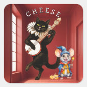 Schattigee Dansende Kat met Gitaar en Muisvriend Vierkante Sticker (Voorkant)