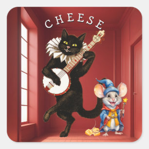 Schattigee Dansende Kat met Gitaar en Muisvriend Vierkante Sticker