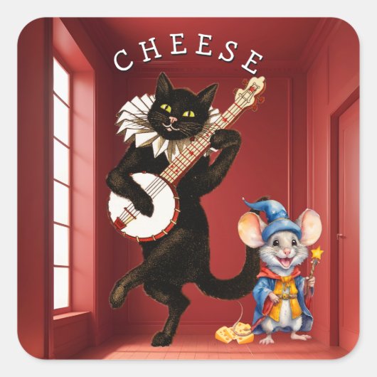 Schattigee Dansende Kat met Gitaar en Muisvriend Vierkante Sticker (Voorkant)