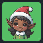 Schattigee Dark Skin Christmas Elf Vrouw Vierkante Sticker<br><div class="desc">Deze Schattigee Vrouw Dark Skin Christmas Elf sticker zal dat aangepaste element toevoegen aan uw kaarten,  enveloppen en geschenken om ze echt te laten opvallen van de rest! Vind meer Kerst stickers in mijn winkel.</div>