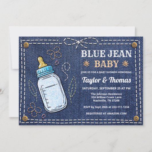 Schattigee Denim Blue Jean Baby shower Uitnodiging (Voorkant)