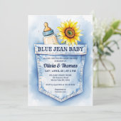 Schattigee Denim Blue Jean Baby shower Uitnodiging (Staand voorkant)