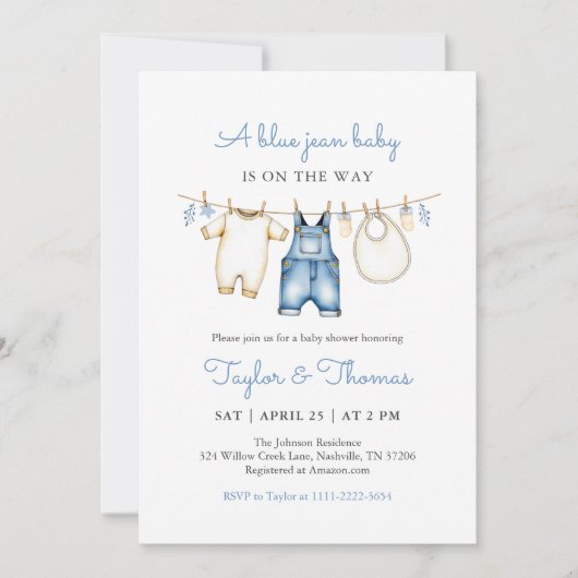 Schattigee Denim Blue Jean Boy Baby shower Uitnodi Kaart (Voorkant)
