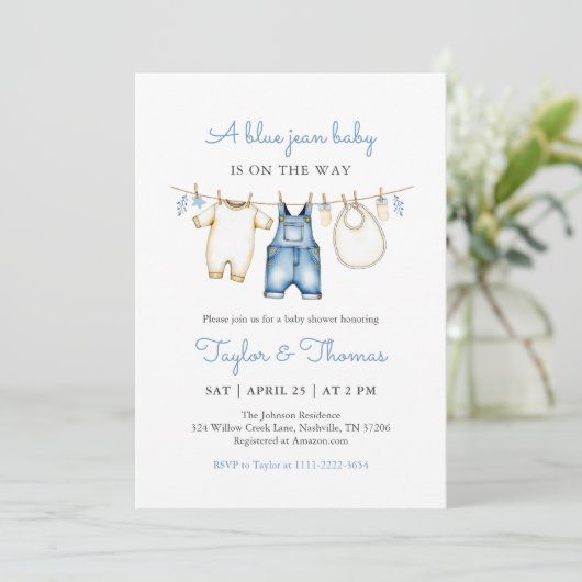 Schattigee Denim Blue Jean Boy Baby shower Uitnodi Kaart (Staand voorkant)