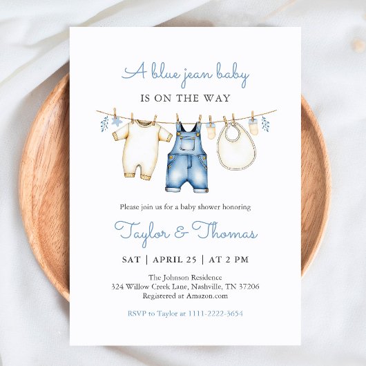 Schattigee Denim Blue Jean Boy Baby shower Uitnodi Kaart