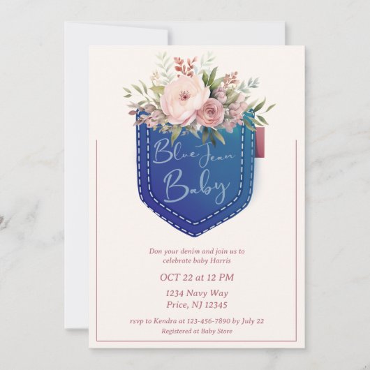 Schattigee Denim Blue Jean Meisjes Baby shower Kaart (Voorkant)