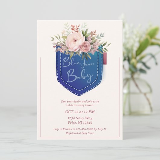 Schattigee Denim Blue Jean Meisjes Baby shower Kaart (Staand voorkant)