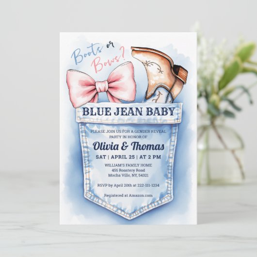 Schattigee Denim Boots of Bows Geslacht Reveal Inv Kaart (Staand voorkant)