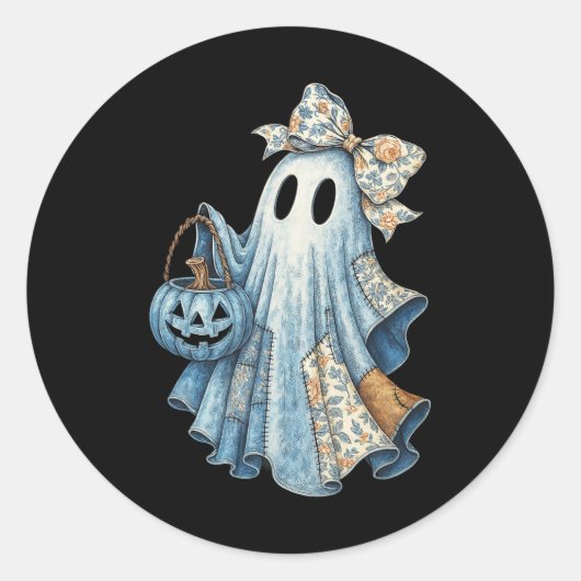 Schattigee Denim Ghost Met Bloemboog Halloween Aes Ronde Sticker (Voorkant)