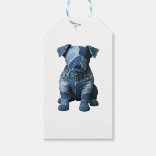 Schattigee Denim Patchwork Art Dog T-shirt Cadeaulabel (Voorkant)