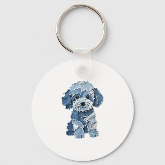 Schattigee Denim Patchwork Dog Illustration Sleutelhanger (Voorkant)