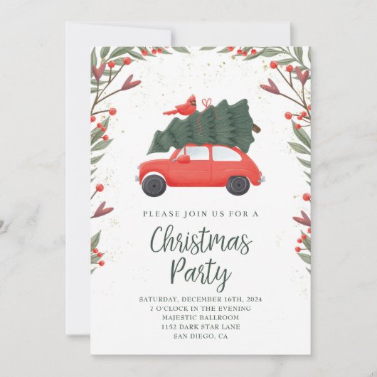 Schattigee dennenboom en rode auto besneeuwde kers kaart (Voorkant)