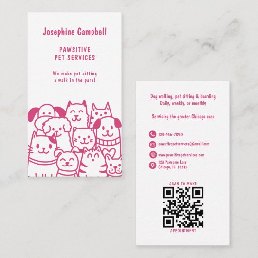 Schattigee dierensitter dierenarts QR Code Roze Visitekaartje (Voorkant / Achterkant)