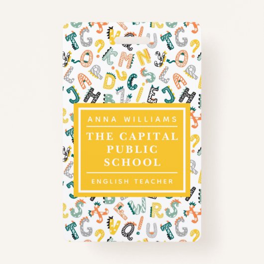 Schattigee Dino Alphabet Elementary School Docent Badge (Voorkant)