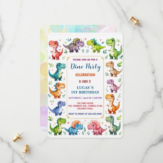 Schattigee DIno Baby Dinosaurussen 1e Verjaardagsf Save The Date (Voorkant / Achterkant in situ)