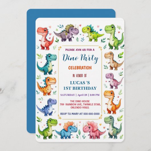 Schattigee DIno Baby Dinosaurussen 1e Verjaardagsf Save The Date (Voorkant / Achterkant)