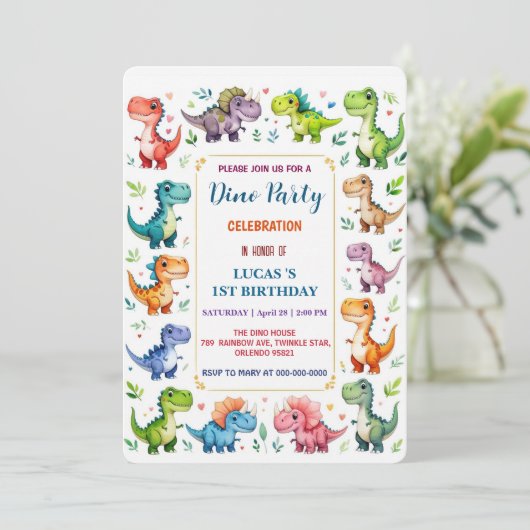 Schattigee DIno Baby Dinosaurussen 1e Verjaardagsf Save The Date (Staand voorkant)