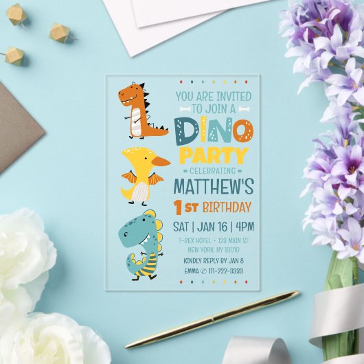 Schattigee Dino Dinosaur Kind verjaardagsfeestje Acryl Uitnodigingen (Insitu (Huwelijk))