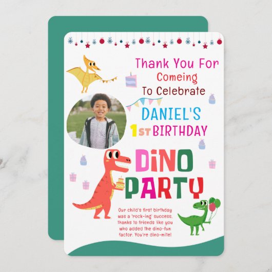 Schattigee Dino Dinosaur Kind verjaardagsfeestje Bedankkaart (Voorkant / Achterkant)