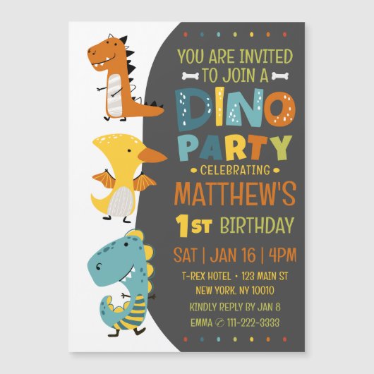 Schattigee Dino Dinosaur Kind verjaardagsfeestje Magnetische Uitnodiging (Voorkant)