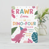 Schattigee Dino-Four Roze Dinosaurus Meisje 4e ver Kaart (Staand voorkant)