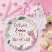 Schattigee Dino-Four Roze Dinosaurus Meisje 4e ver Papieren Bordje (Feest)