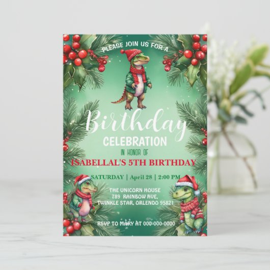 Schattigee dino Kerstman Kerstfeest sneeuwfeest jo Save The Date (Staand voorkant)