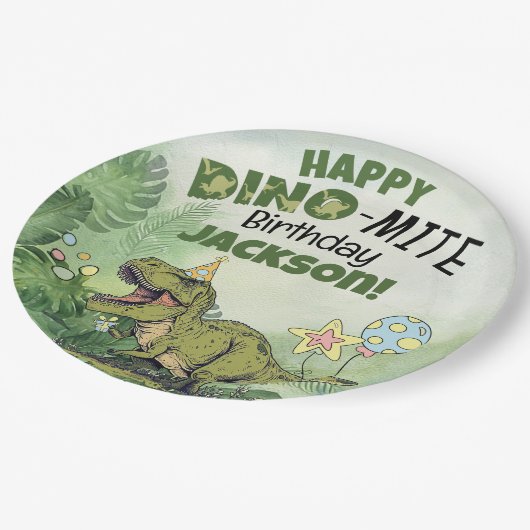Schattigee Dino-Mite Kinder naam Dinosaurus Verjaa Papieren Bordje (Gekanteld)