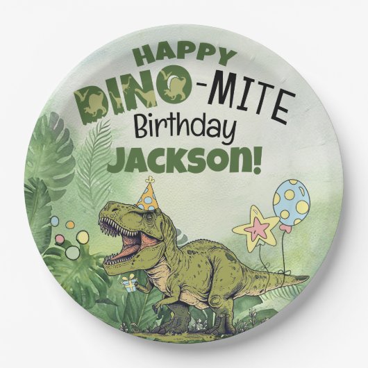 Schattigee Dino-Mite Kinder naam Dinosaurus Verjaa Papieren Bordje (Voorkant)