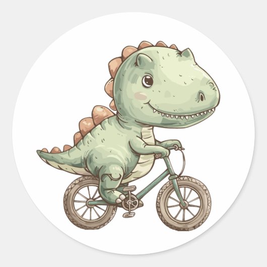 Schattigee dino op de fiets ronde sticker (Voorkant)