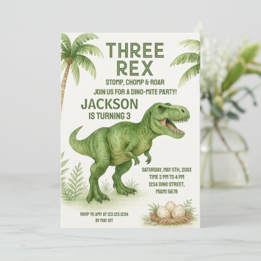 Schattigee &  Dino Party Kaarten voor kinderen (Staand voorkant)