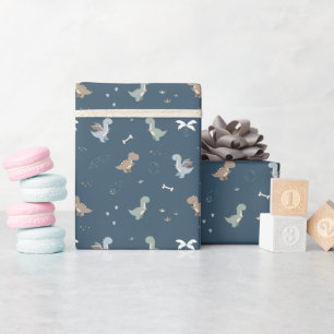 Schattigee Dino Patern Blue Wrapping Paper Roll Cadeaupapier