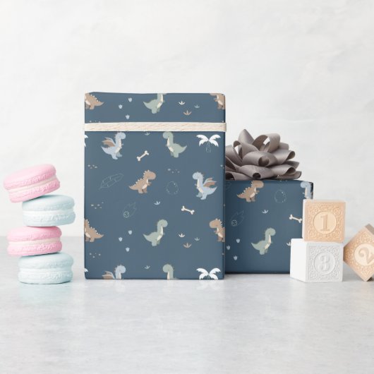 Schattigee Dino Patern Blue Wrapping Paper Roll Cadeaupapier (Baby Shower)
