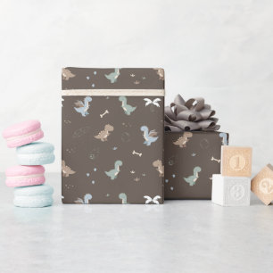Schattigee Dino Patern Bruin Wrapping Paper Roll Cadeaupapier