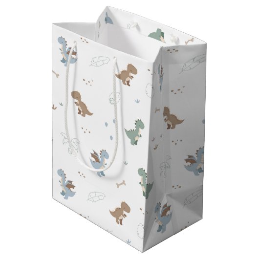 Schattigee Dino Patern Witte Geschenktas Medium Cadeauzakje (Achterkant Gekanteld)