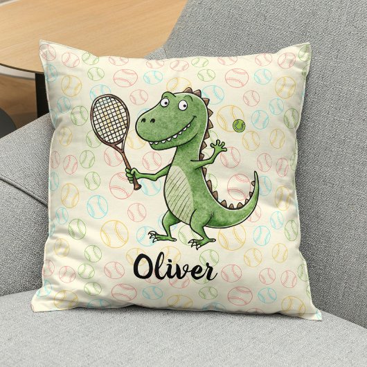 Schattigee Dino spelen tennis gepersonaliseerd Kussen