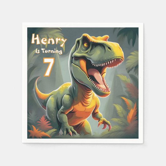 Schattigee Dino T Rex Verjaardagsfeestje Papier se Servet (Voorkant)