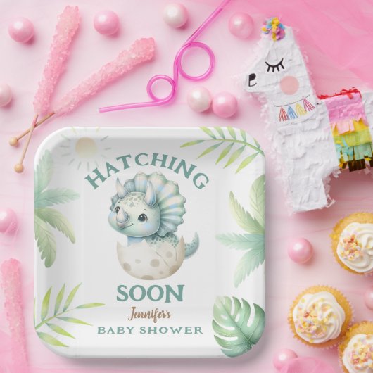 Schattigee Dino Triceratops Dinosaur Boy Baby show Papieren Bordje (Feest)