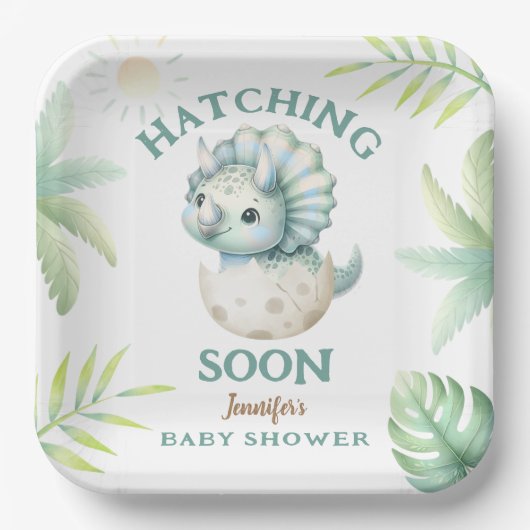 Schattigee Dino Triceratops Dinosaur Boy Baby show Papieren Bordje (Voorkant)